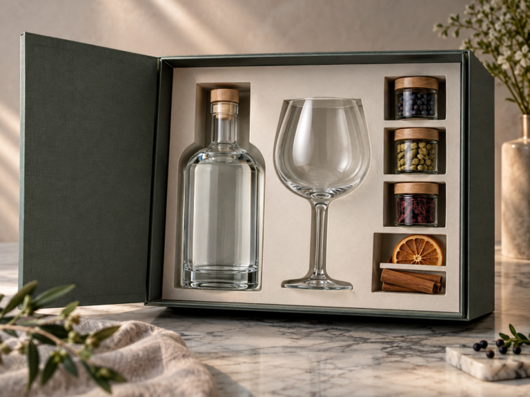 Packaging para gin con botella, copa y botánicos en interiores de cartulina