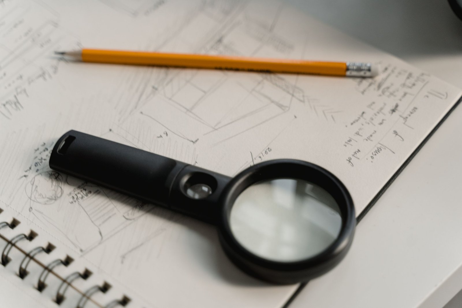 A magnifying glass and pencil on a hand-drawn architectural sketch pad, suggesting scrutiny and planning.