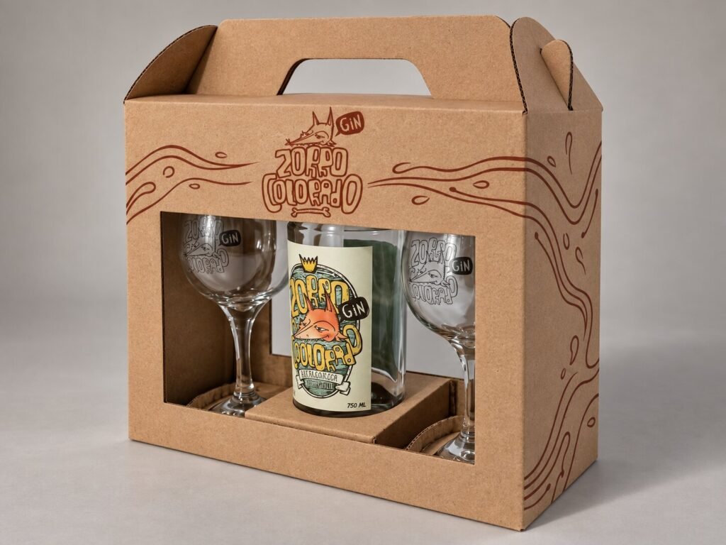 Packaging para gin Zorro Colorado en microcorrugado kraft con serigrafía, manija y ventana