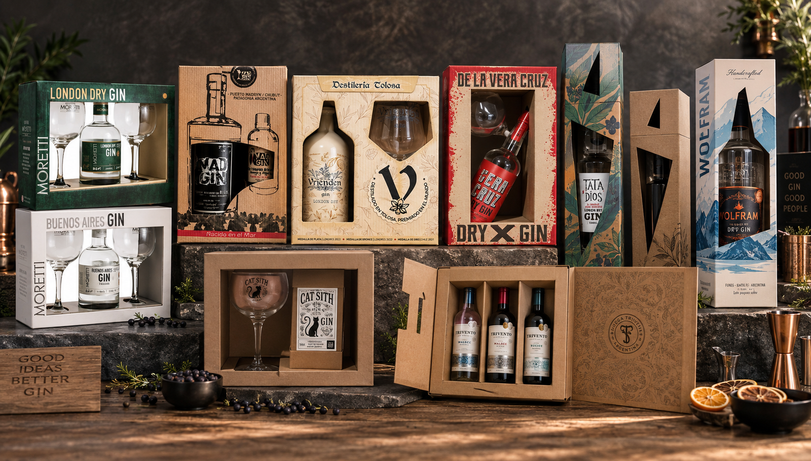 Ejemplos de packaging para gin con diferentes estructuras, materiales y terminaciones