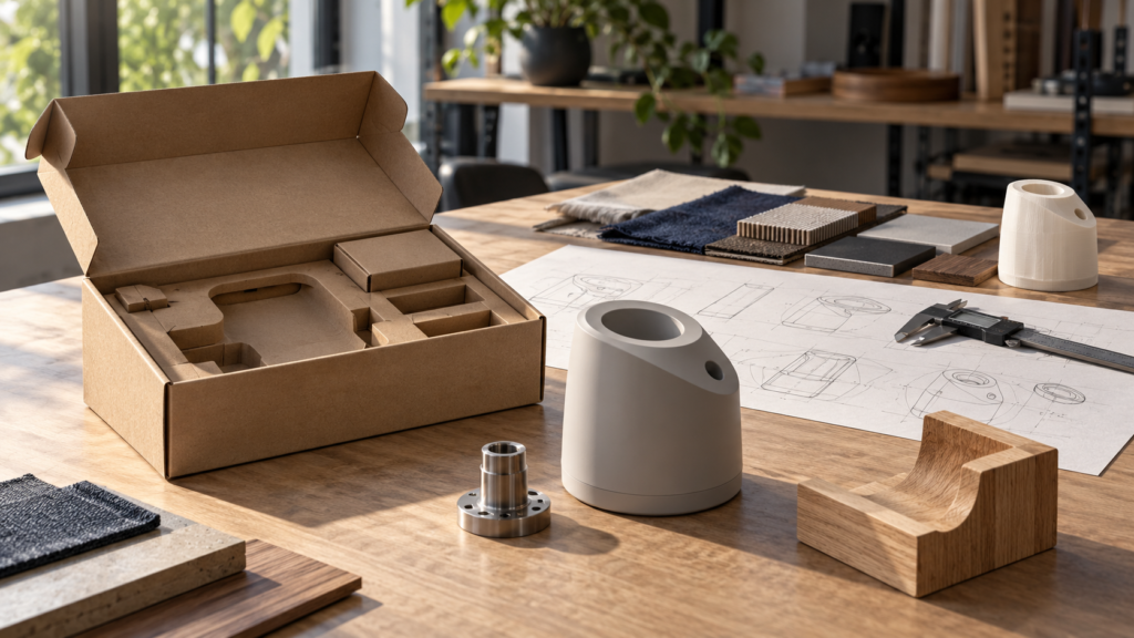 Illustrative industrial design workspace with a physical product and material samples