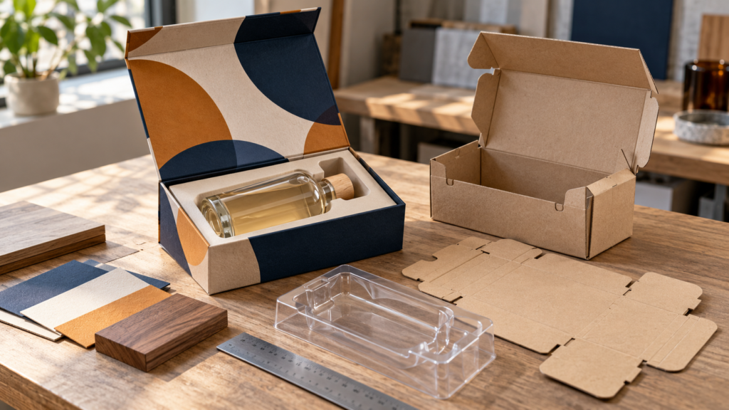 Packaging development with cardboard samples, structural prototypes and finished boxes