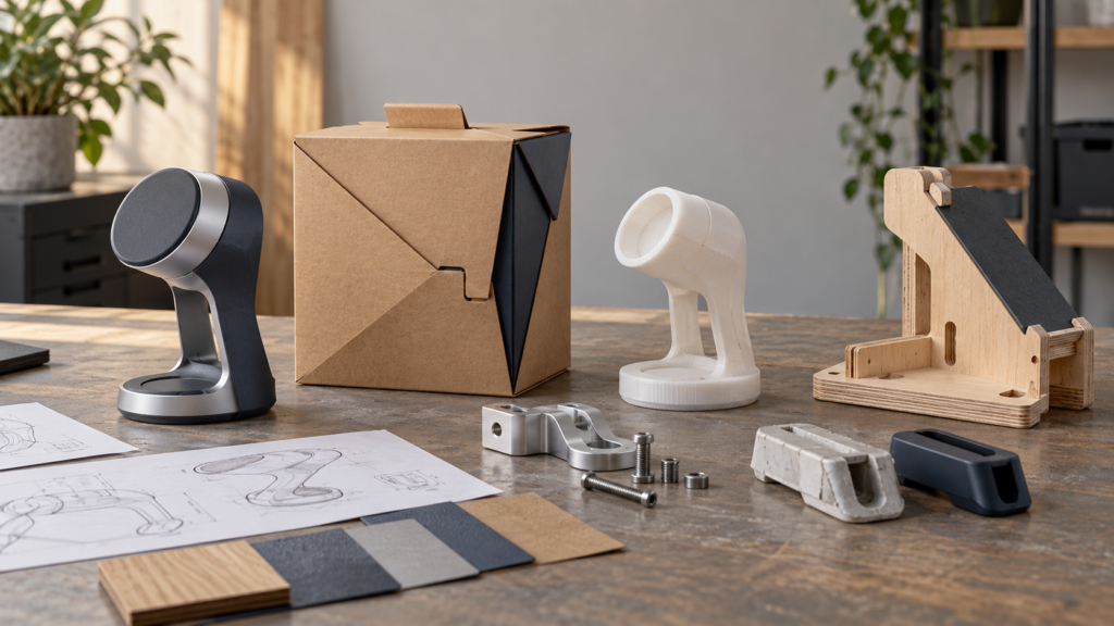Illustrative range of physical products, packaging, prototypes and technical components