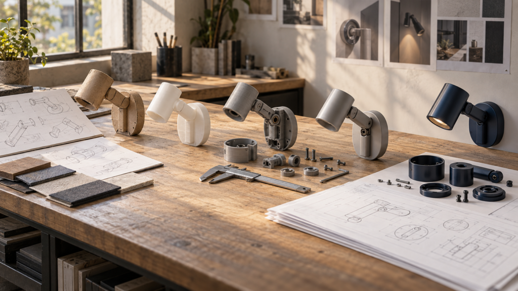 Stages of physical product development from sketch and prototypes to production planning
