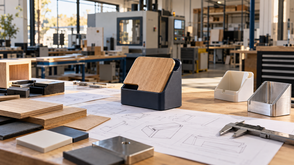 Industrial design prototypes, material samples and technical drawings in a manufacturing workspace
