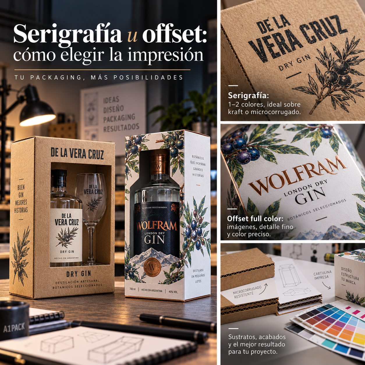 Packaging para gin con ejemplos de serigrafía, offset y terminaciones superficiales